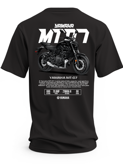 Czarna koszulka z motocyklem Yamaha MT-07 i dużym białym napisem MT-07
