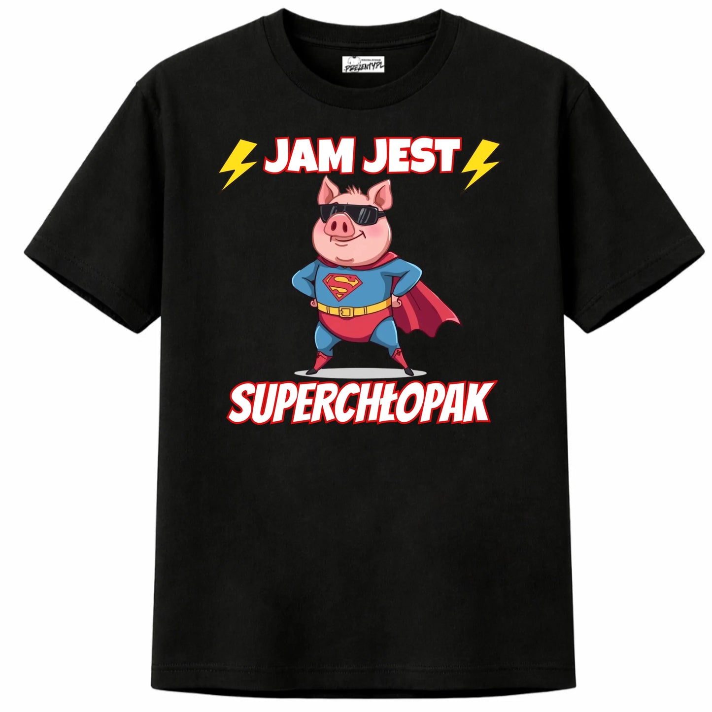 Prezent dla chłopaka koszulka z nadrukiem świni w kostiumie supermena i napisem jam jest super chłopak