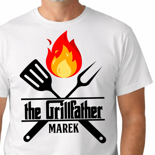 Prezent dla kucharza koszulka męska z nadrukiem THE GRILL FATHER personalizowana z imieniem