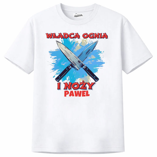 Prezent dla kucharza koszulka męska z nadrukiem władca ognia i noży personalizowana z imieniem