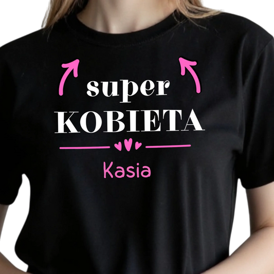 Prezent na dzień kobiet personalizowana koszulka z nadrukiem super kobieta z imieniem