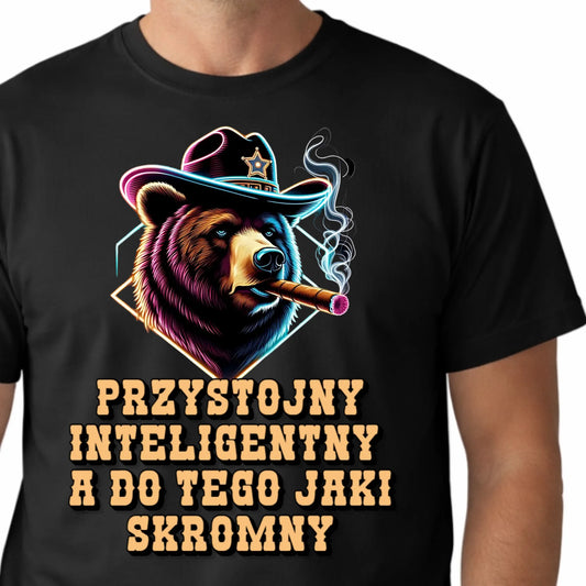 Prezent na dzień mężczyzny śmieszna koszulka z nadrukiem niedźwiedzia z cygarem i napisem przystojny inteligentny a do tego jaki skromny
