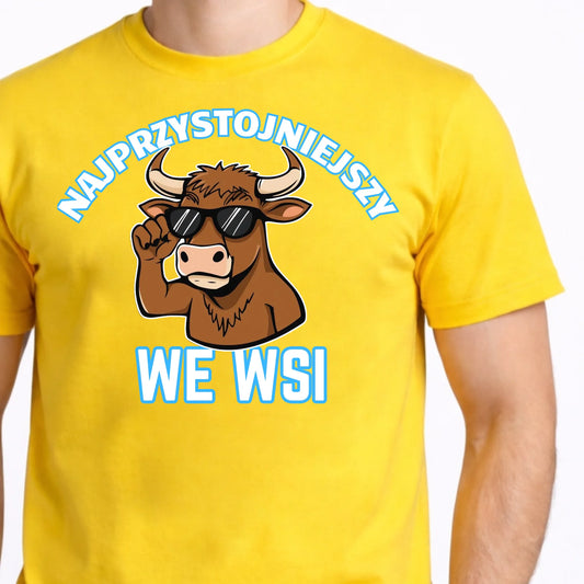 Prezent na urodziny dla chłopaka koszulka z nadrukiem byka w okularach i napisem najprzystojniejszy we wsi żółta