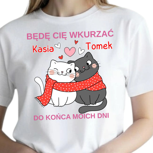 Prezent na walentynki personalizowana koszulka dla zakochanych z kotami