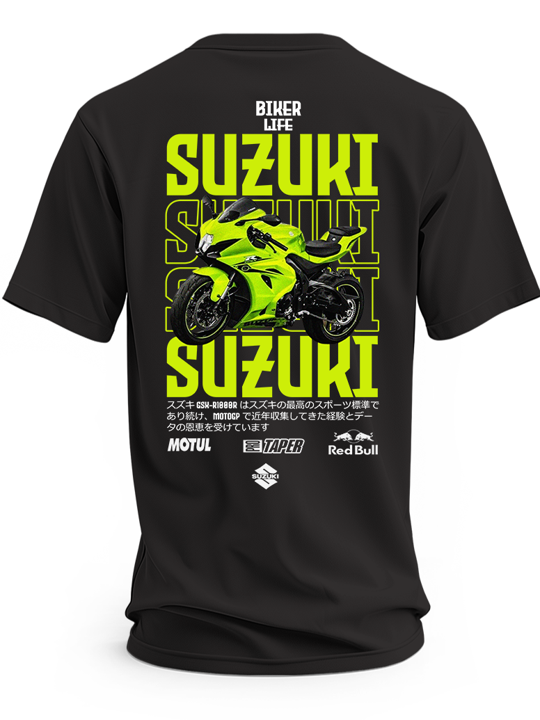 Czarna koszulka z motocyklem Suzuki i dużymi żółtymi napisami Suzuki