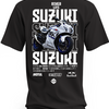 Czarna koszulka z motocyklem Suzuki i dużymi białymi napisami Suzuki