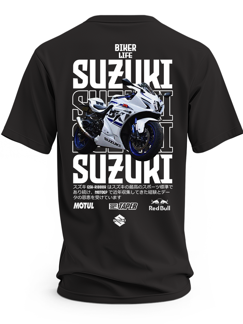 Czarna koszulka z motocyklem Suzuki i dużymi białymi napisami Suzuki