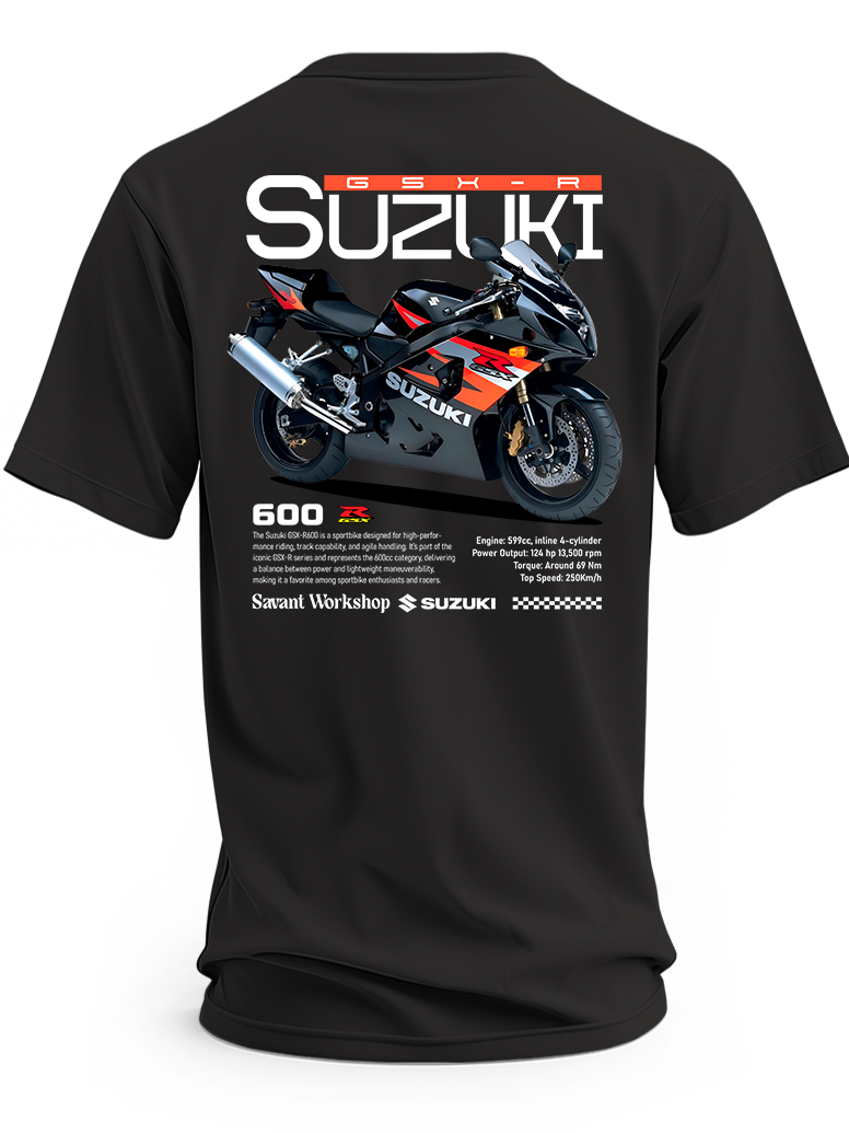 Czarna koszulka z motocyklem Suzuki GSX i napisem Suzuki z czerwonymi detalami