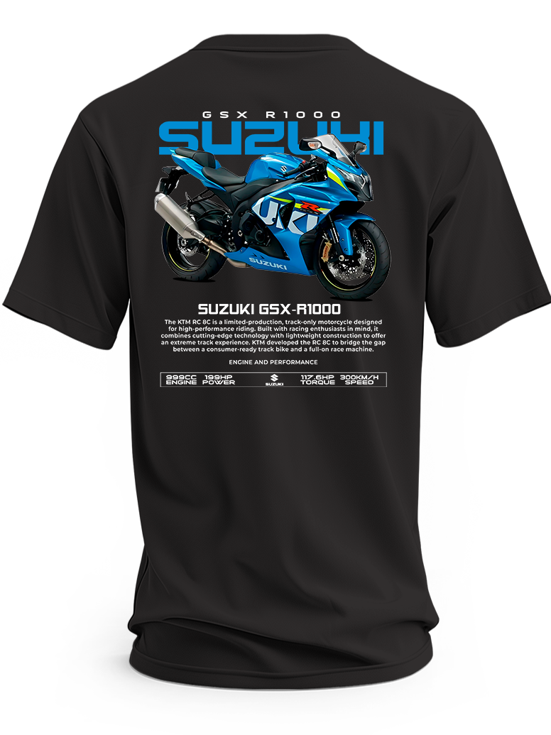 Czarna koszulka z niebieskim motocyklem Suzuki GSX i niebieskim napisem Suzuki