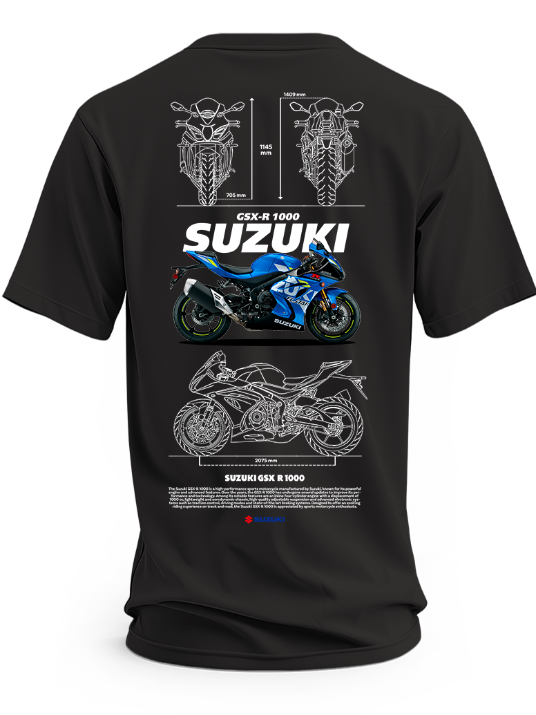 Czarna koszulka z motocyklem Suzuki GSX-R 1000, napisem Suzuki i rysunkami technicznymi