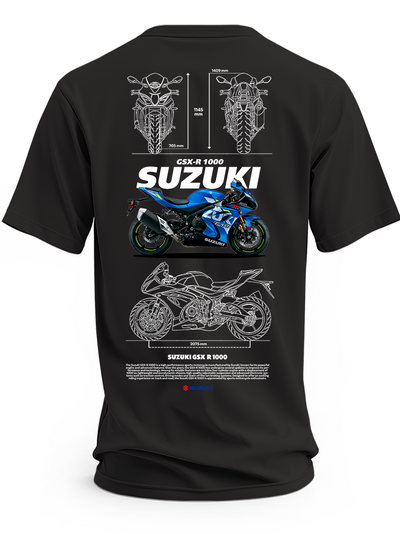 Czarna koszulka z motocyklem Suzuki GSX-R 1000, napisem Suzuki i rysunkami technicznymi