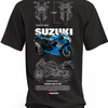 Czarna koszulka z motocyklem Suzuki GSX-R 600, niebieskim napisem Suzuki i rysunkami technicznymi