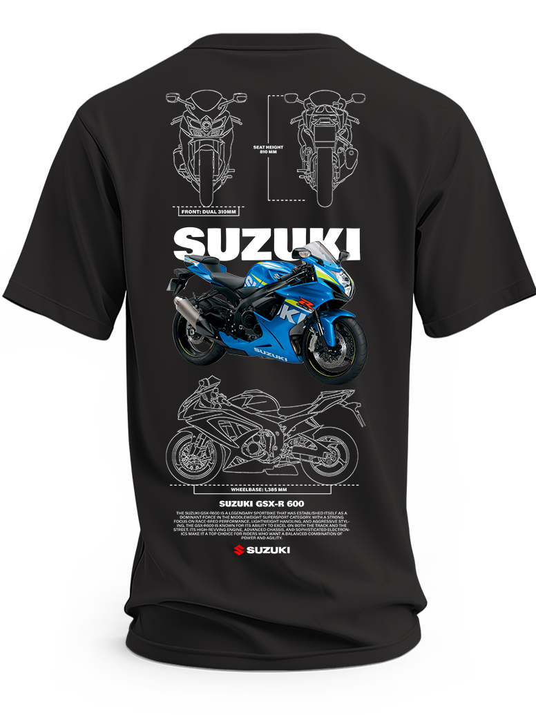 Czarna koszulka z motocyklem Suzuki GSX-R 600, niebieskim napisem Suzuki i rysunkami technicznymi