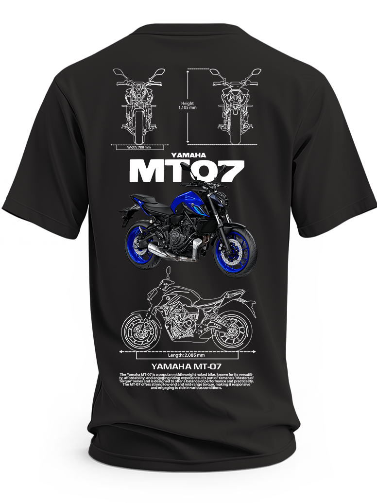 Czarna koszulka z niebieskim motocyklem Yamaha MT-07, białym napisem MT-07 i rysunkami technicznymi