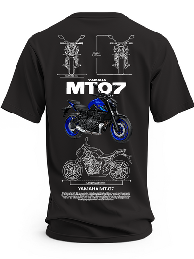 Czarna koszulka z niebieskim motocyklem Yamaha MT-07, białym napisem MT-07 i rysunkami technicznymi