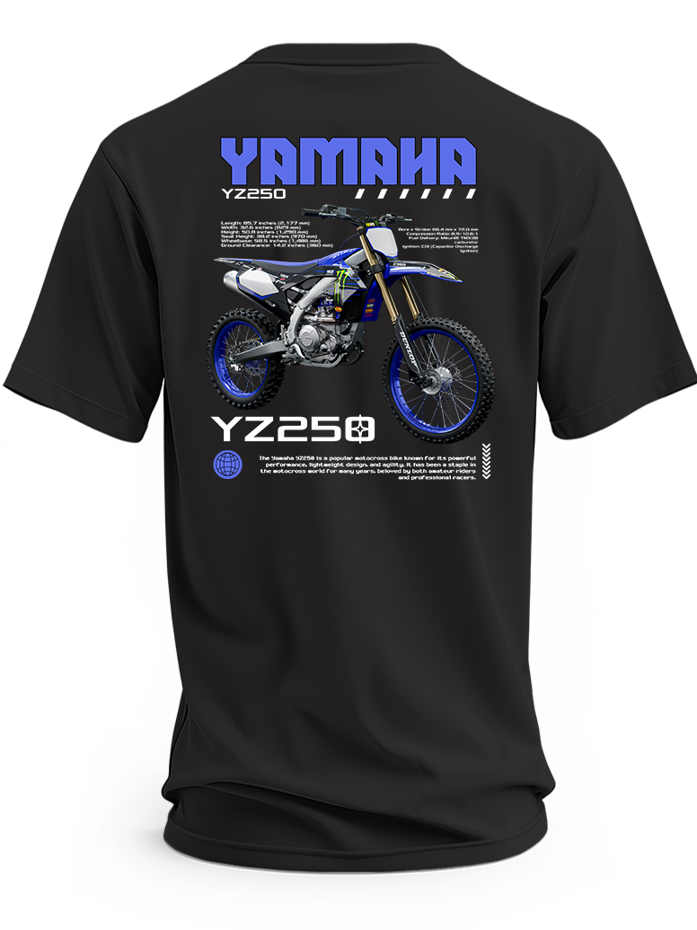 Koszulka Yamaha YZ250 z niebieskim nadrukiem motocykla