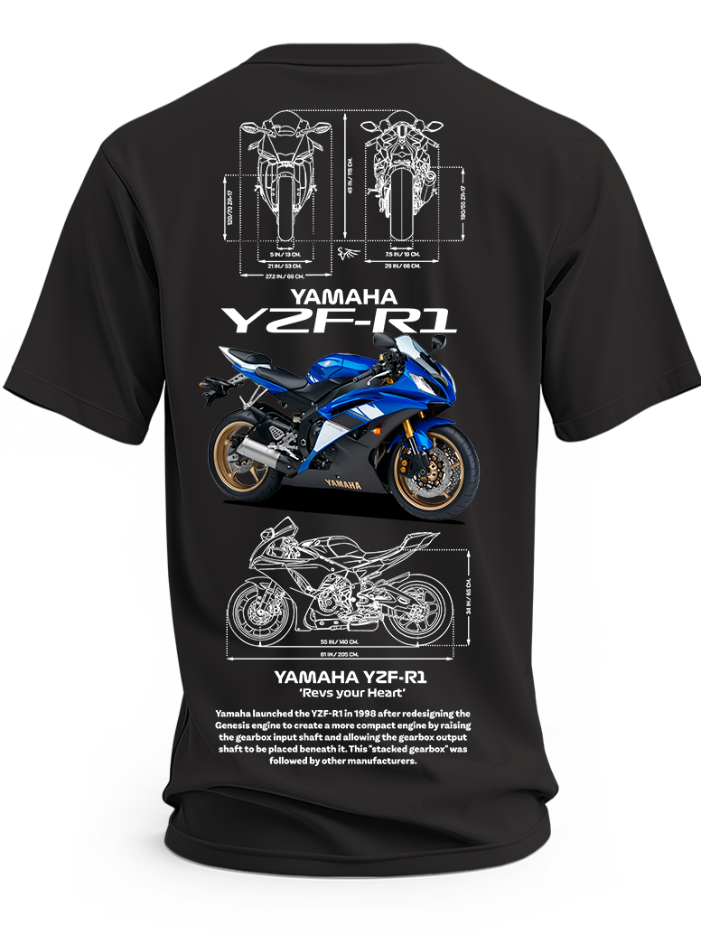 Czarna koszulka z niebieskim motocyklem Yamaha YZF-R1 i rysunkami technicznymi