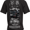 Czarna koszulka z motocyklem Yamaha YZF-R1 i białymi rysunkami technicznymi
