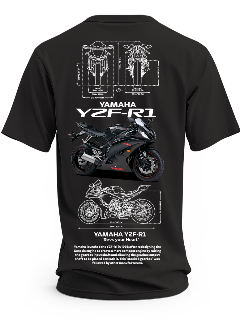 Czarna koszulka z motocyklem Yamaha YZF-R1 i białymi rysunkami technicznymi