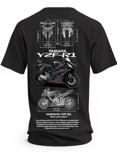 Czarna koszulka z motocyklem Yamaha YZF-R1 i białymi rysunkami technicznymi