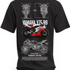 Czarna koszulka z czerwonym motocyklem Yamaha YZF-R6 i rysunkami technicznymi