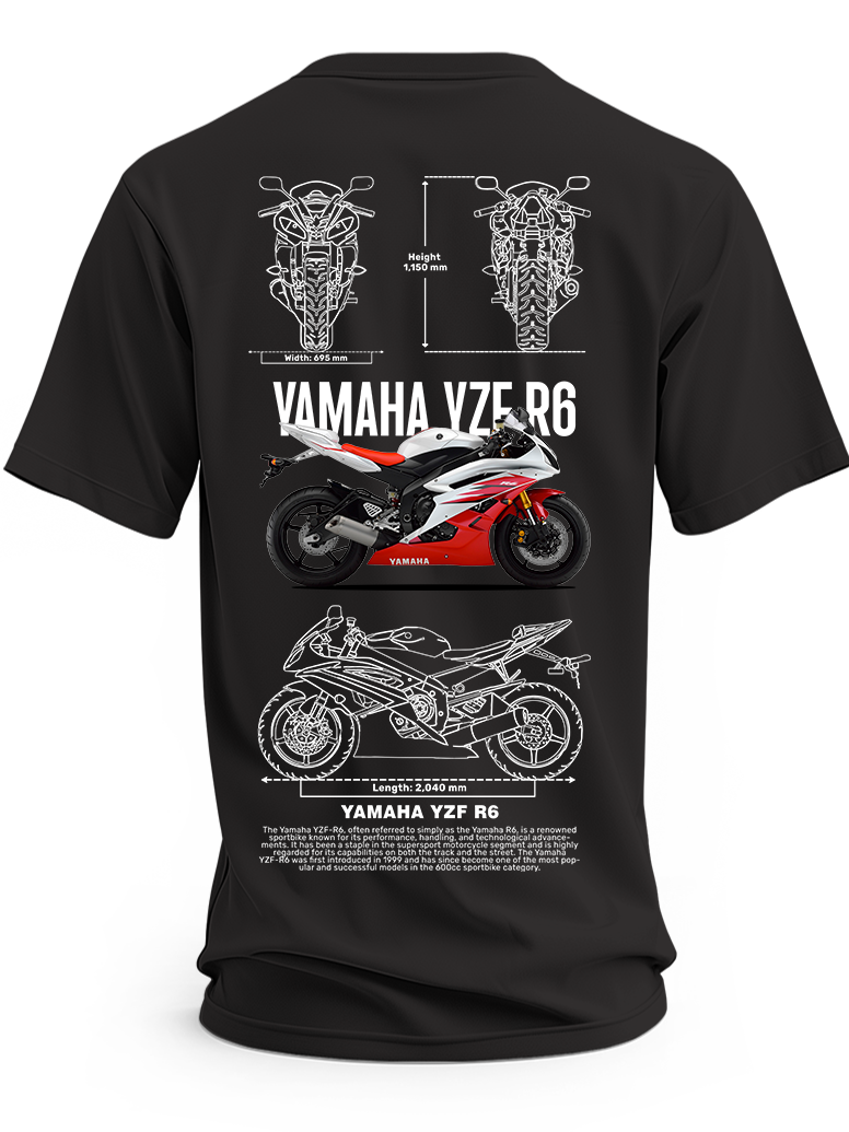 Czarna koszulka z czerwonym motocyklem Yamaha YZF-R6 i rysunkami technicznymi