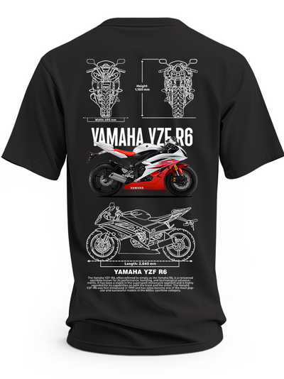 Czarna koszulka z czerwonym motocyklem Yamaha YZF-R6 i rysunkami technicznymi
