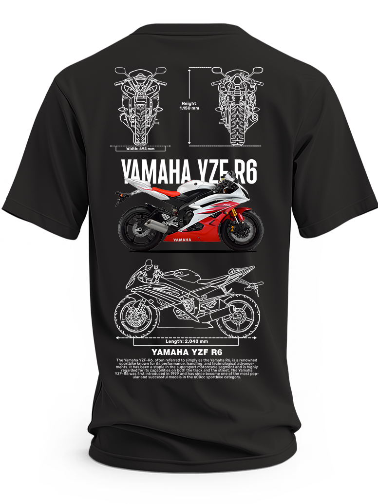 Czarna koszulka z czerwonym motocyklem Yamaha YZF-R6 i rysunkami technicznymi – wzór 2