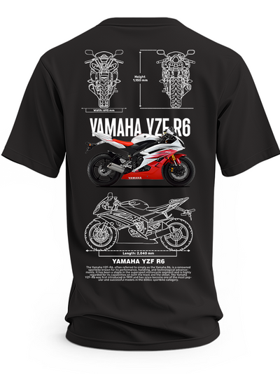 Czarna koszulka z czerwonym motocyklem Yamaha YZF-R6 i rysunkami technicznymi – wzór 2