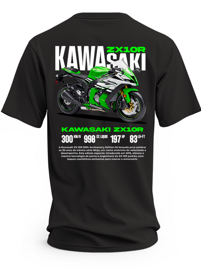 Czarna koszulka z zielonym motocyklem Kawasaki Ninja ZX-10R 30th Anniversary i dużym napisem Kawasaki