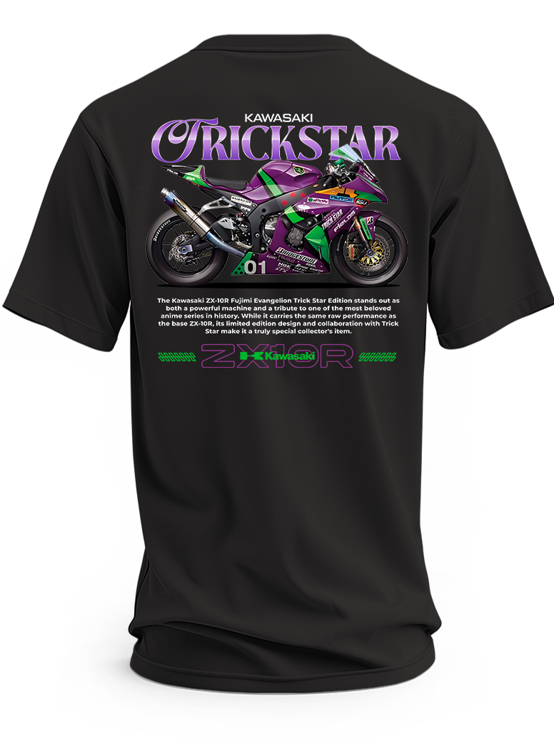 Czarna koszulka z motocyklem Kawasaki Ninja ZX-10R Evangelion i fioletowymi napisami