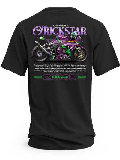 Czarna koszulka z motocyklem Kawasaki Ninja ZX-10R Evangelion i fioletowymi napisami