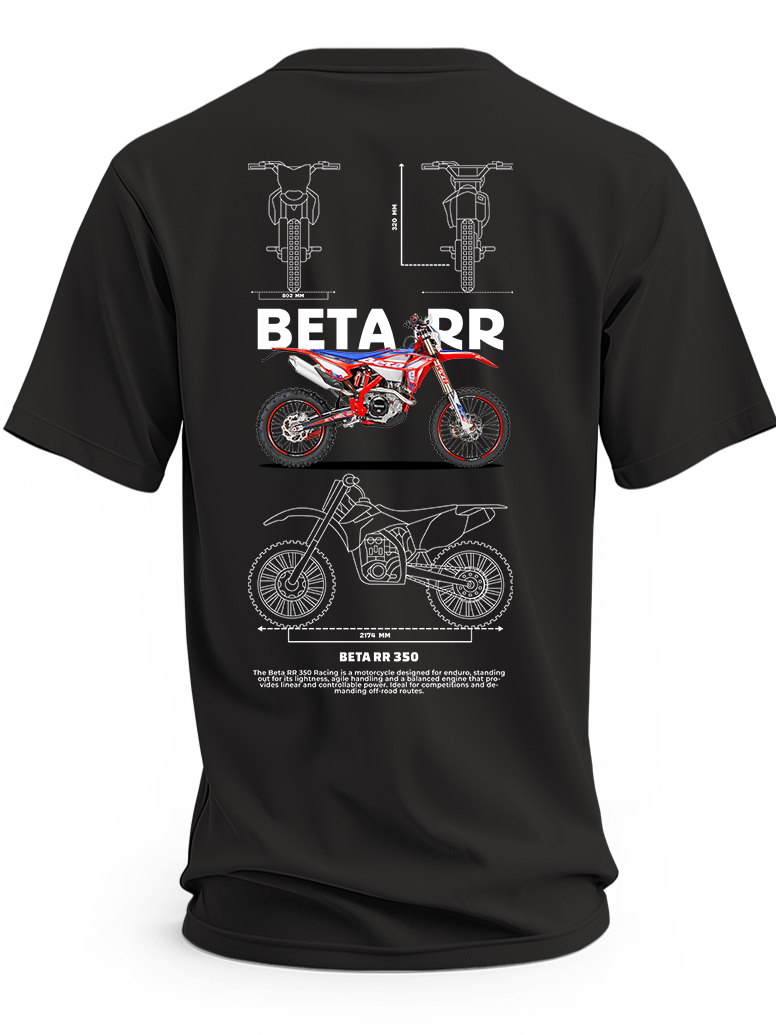 Czarna koszulka z czerwono-białym motocyklem Beta RR 350 i rysunkami technicznymi