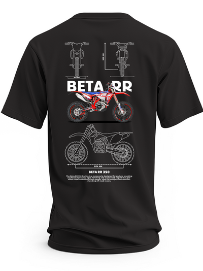 Czarna koszulka z czerwono-białym motocyklem Beta RR 350 i rysunkami technicznymi