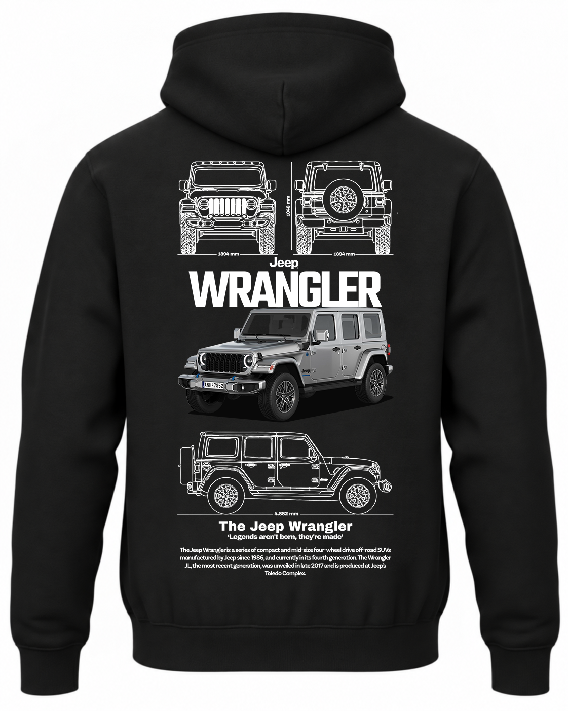 Czarna bluza z kapturem z nadrukiem białego samochodu Jeep Wrangler