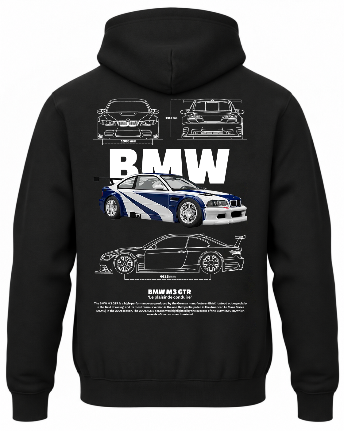 Czarna bluza z kapturem z nadrukiem BMW M3 GTR i motywem Need for Speed