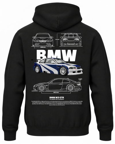 Czarna bluza z kapturem z nadrukiem BMW M3 GTR i motywem Need for Speed