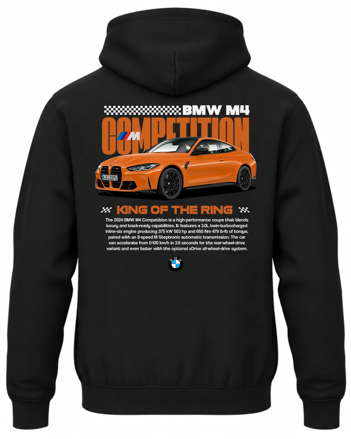 Czarna bluza z kapturem z nadrukiem samochodu BMW M4 Competition