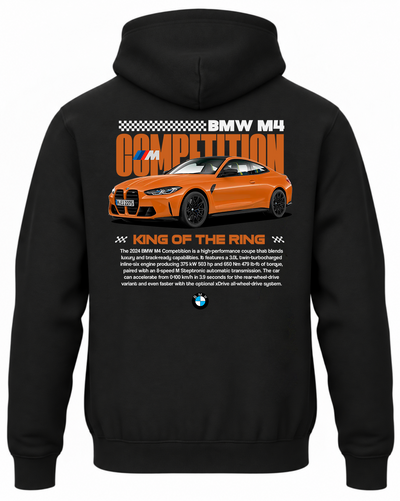Czarna bluza z kapturem z nadrukiem samochodu BMW M4 Competition