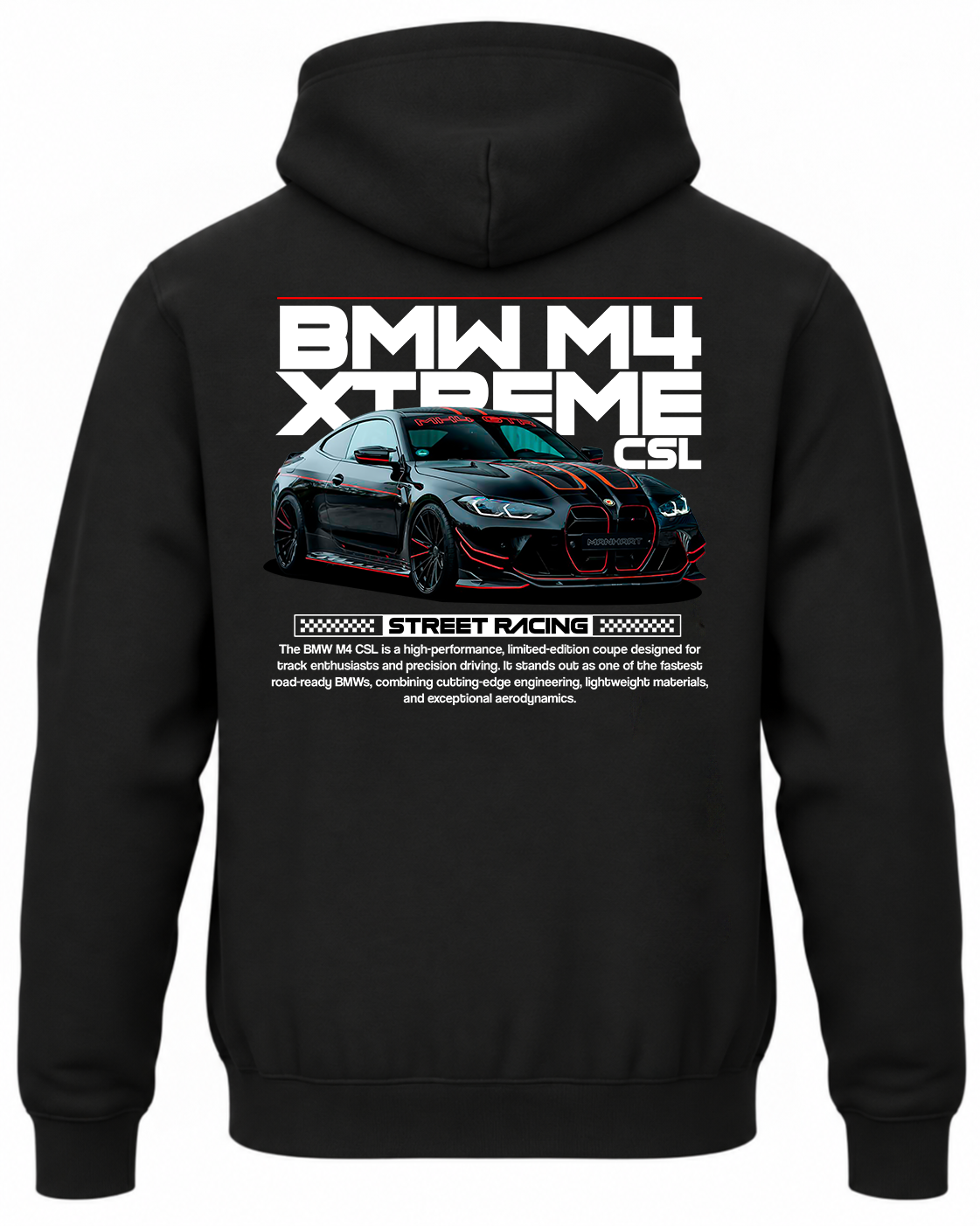Czarna bluza z kapturem z nadrukiem samochodu BMW M4 CSL