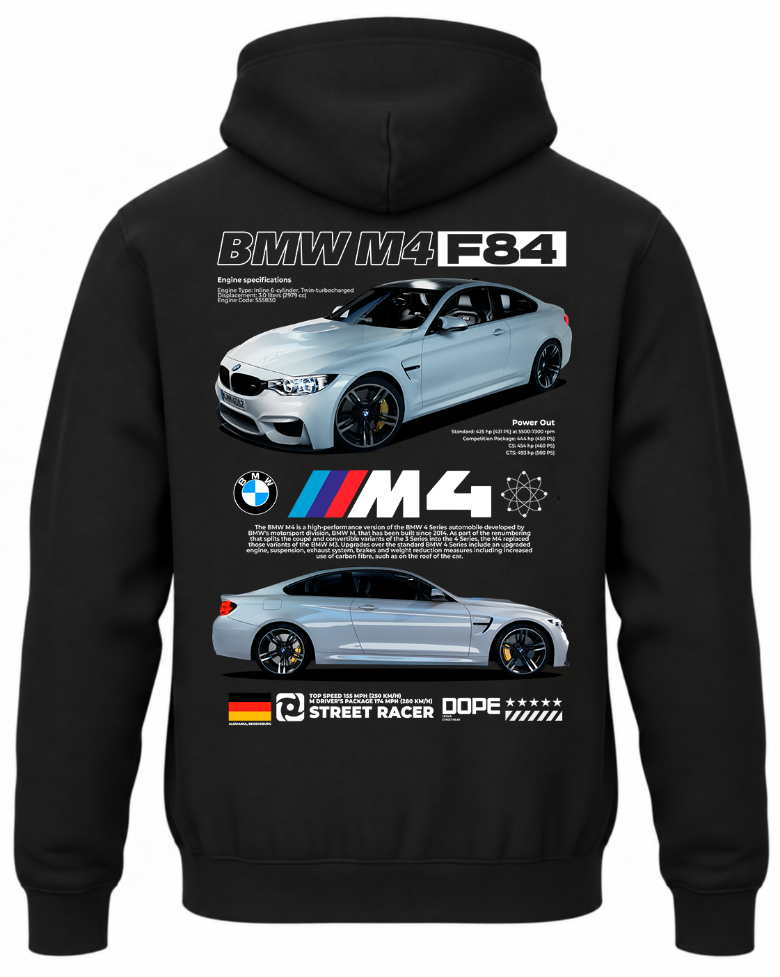 Czarna bluza z kapturem z nadrukiem samochodu BMW M4