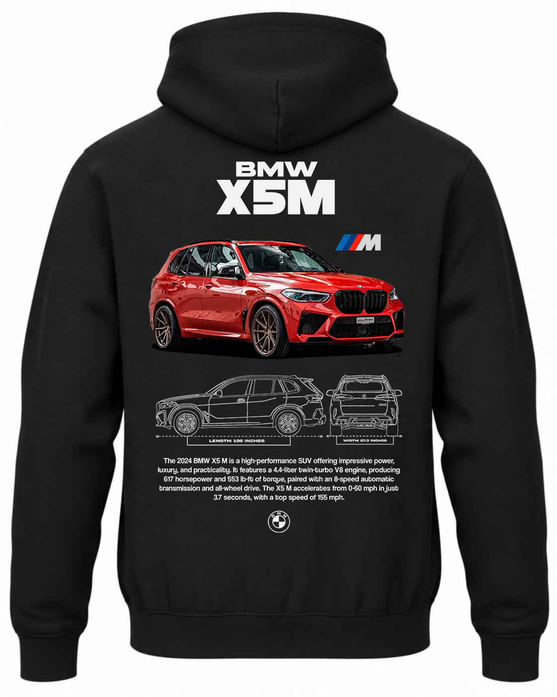 Czarna bluza z kapturem z nadrukiem samochodu BMW X5 M