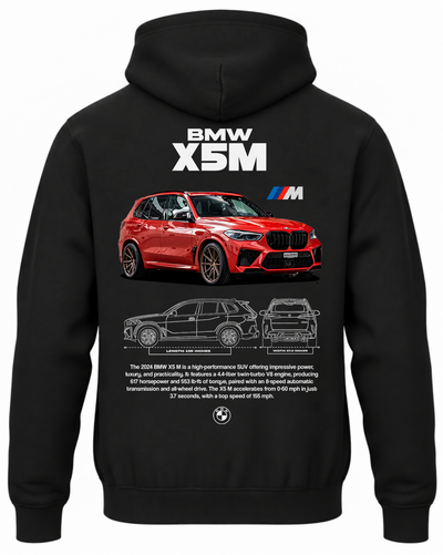 Czarna bluza z kapturem z nadrukiem samochodu BMW X5 M