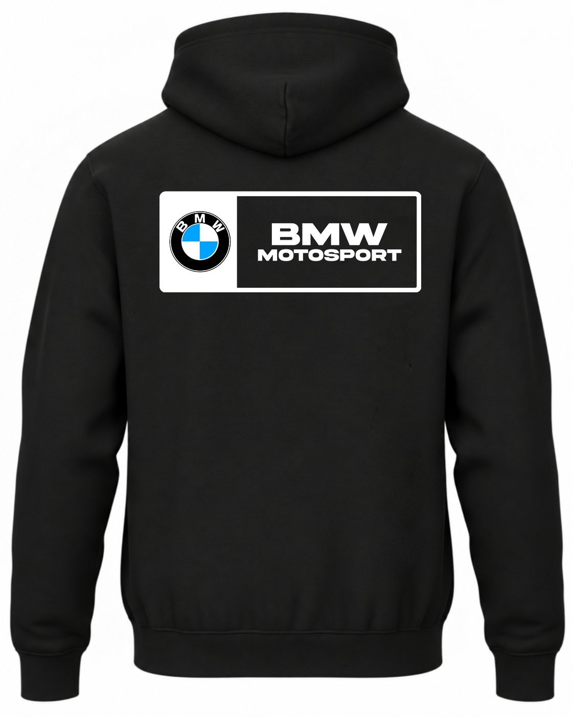 Czarna bluza z kapturem z nadrukiem logo i napisem BMW Motorsport