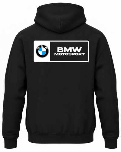 Czarna bluza z kapturem z nadrukiem logo i napisem BMW Motorsport