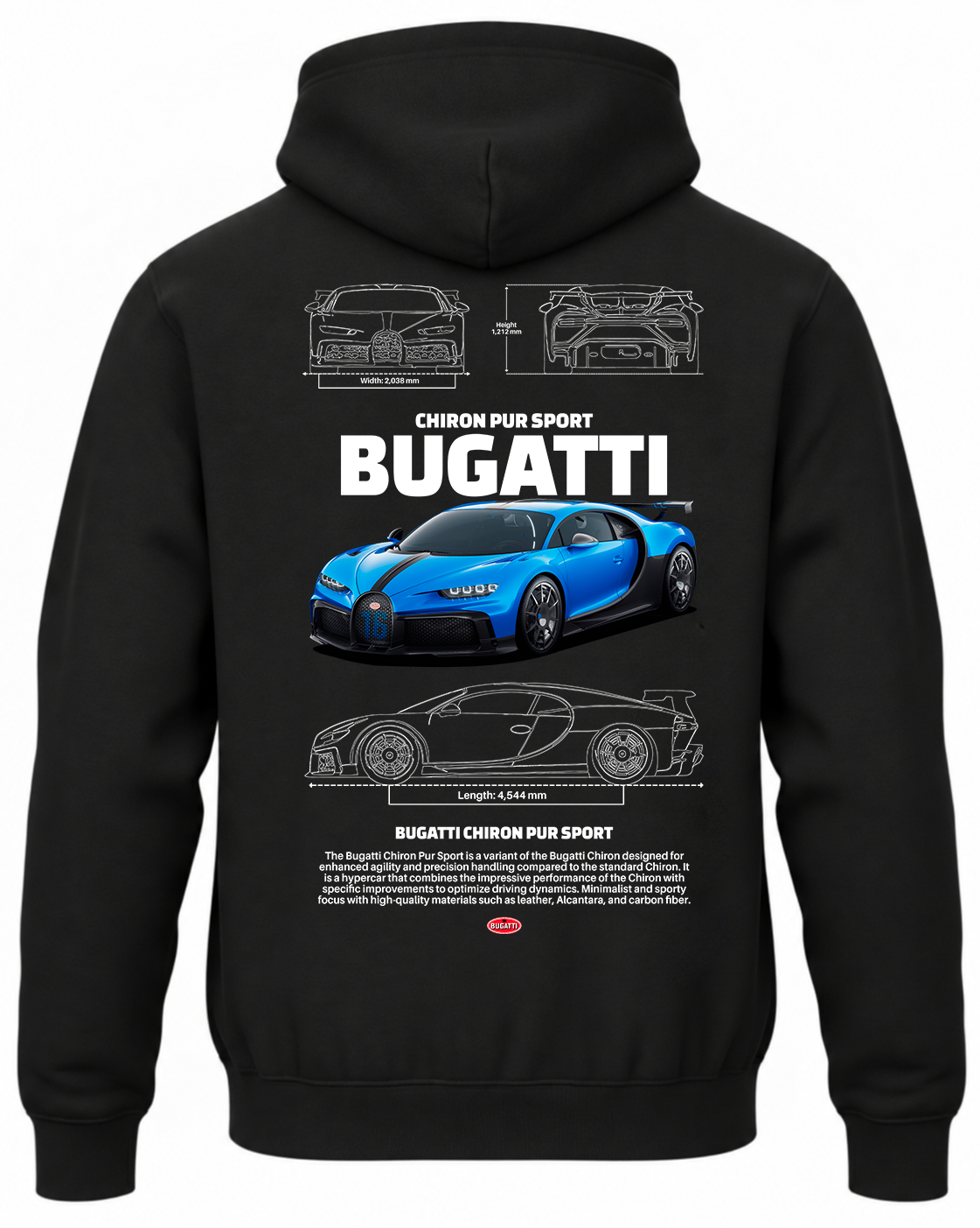Czarna bluza z kapturem z nadrukiem samochodu Bugatti Chiron Pur Sport