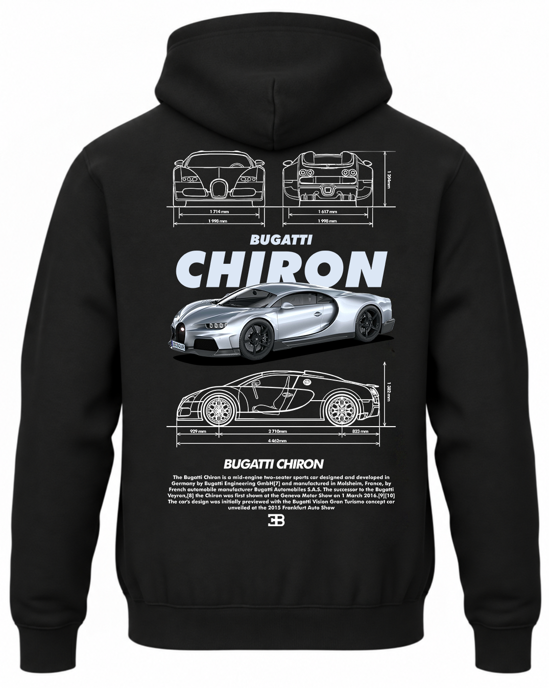 Czarna bluza z kapturem z nadrukiem samochodu Bugatti Chiron