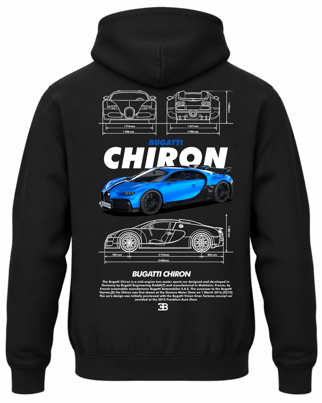 Czarna bluza z kapturem z nadrukiem samochodu Bugatti Chiron