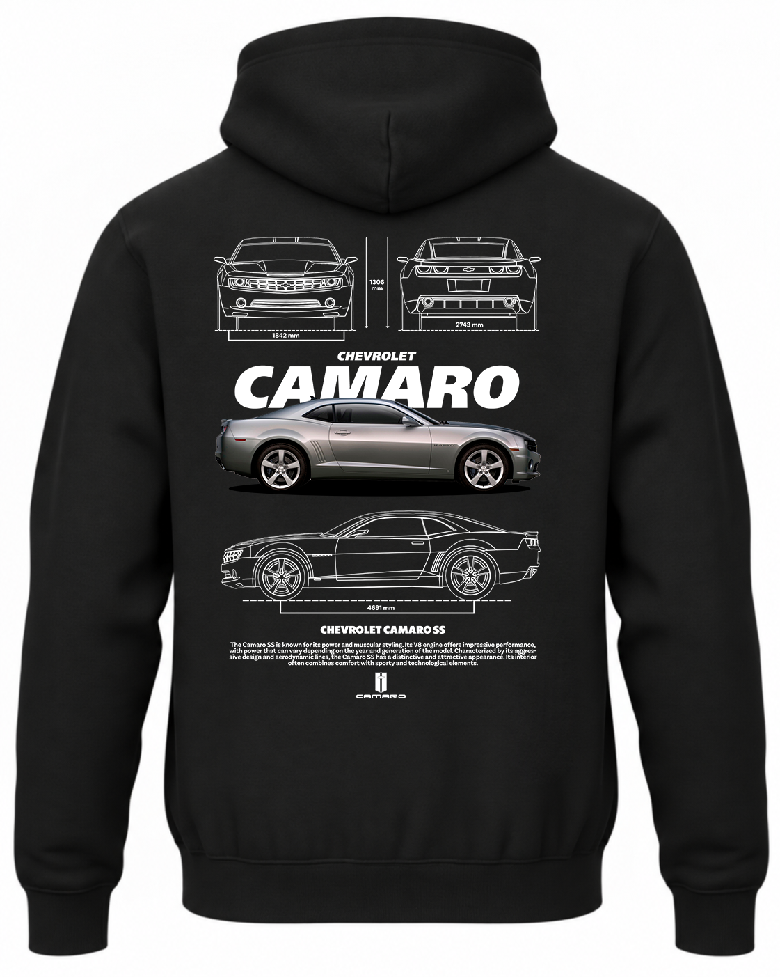 Czarna bluza z kapturem z nadrukiem samochodu Chevrolet Camaro SS