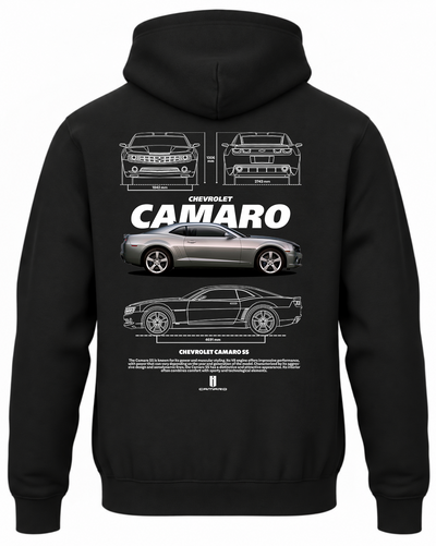 Czarna bluza z kapturem z nadrukiem samochodu Chevrolet Camaro SS